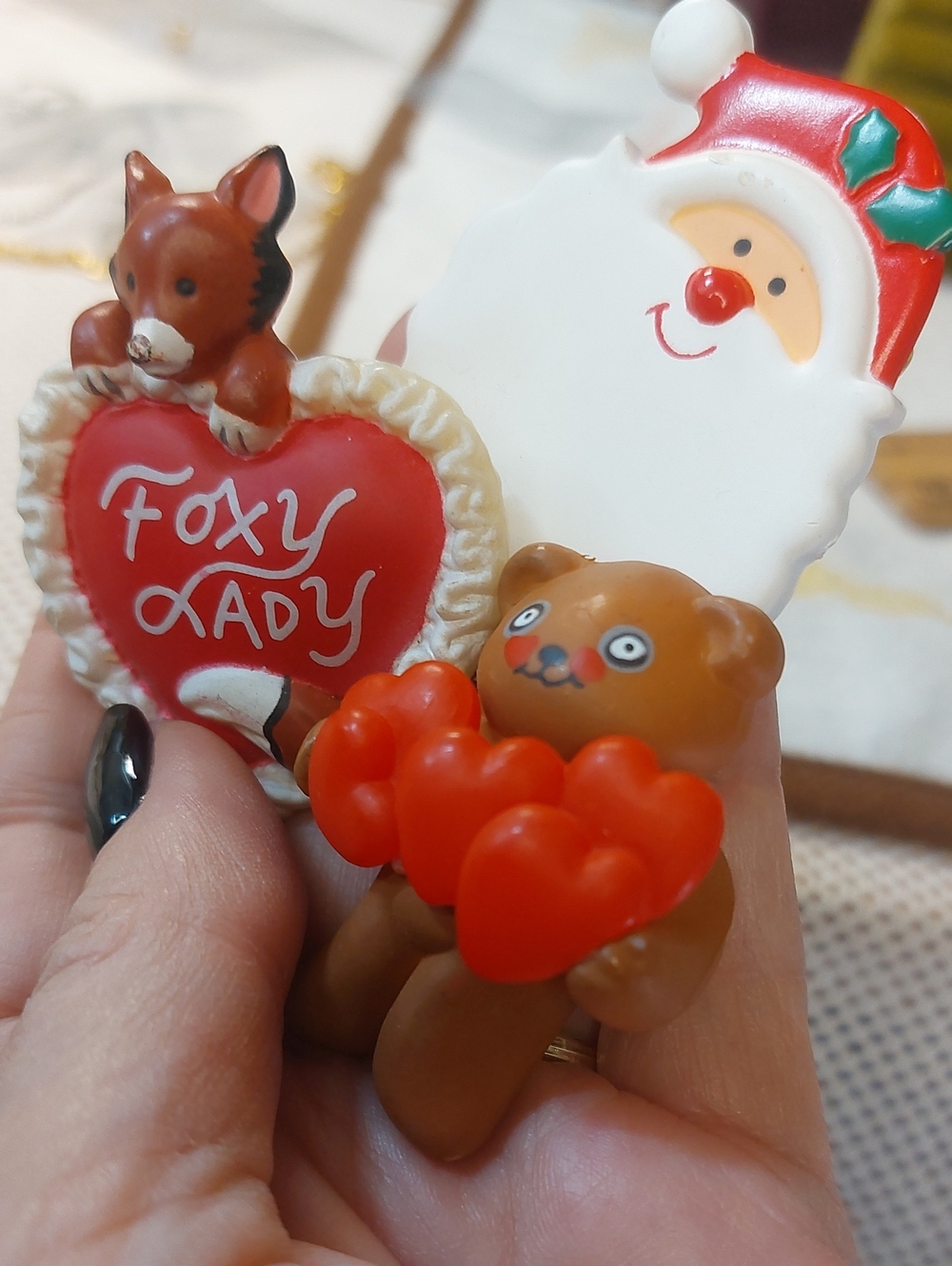 Vintage Plastic Pin Lot Hallmark Santa Bear Valentines Foxy Lady Lot 3